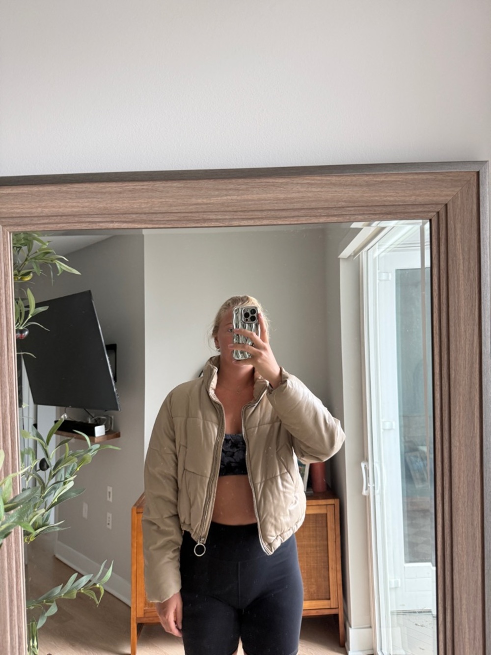 12th Tribe Beige Cropped Bomber Jacket